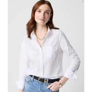J Crew Top Womens Medium Petite Button Cotton Poplin Shirt White Signature AL530